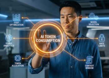 Professional interacting with an enterprise AI token consumption interface showing usage analytics, token allocation, and cost optimization.