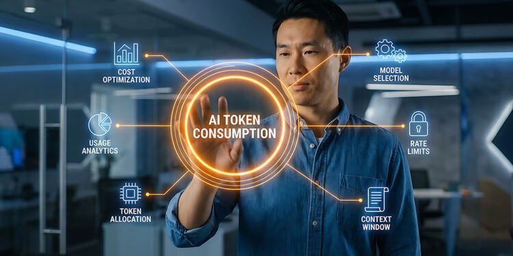 Harga Token Anjlok - Biaya Riil AI Terus Membengkak 1 Professional interacting with an enterprise AI token consumption interface showing usage analytics, token allocation, and cost optimization.