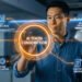 Professional interacting with an enterprise AI token consumption interface showing usage analytics, token allocation, and cost optimization.