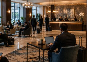 Business travelers working on laptops and mobile devices in a hotel lobby with complimentary Wi-Fi