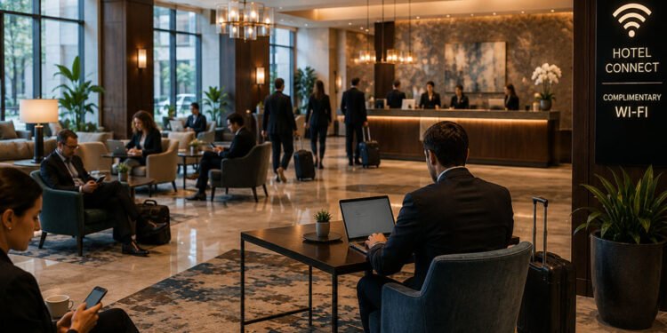 DNS Poisoning Sasar Wi-Fi Hotel - Keamanan Tamu Terancam 1 Business travelers working on laptops and mobile devices in a hotel lobby with complimentary Wi-Fi