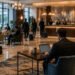 DNS Poisoning Sasar Wi-Fi Hotel - Keamanan Tamu Terancam 2 Business travelers working on laptops and mobile devices in a hotel lobby with complimentary Wi-Fi