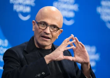 Microsoft CEO Satya Nadella gestures during a session at the World Economic Forum (WEF) annual meeting in Davos, on January 16, 2024.
