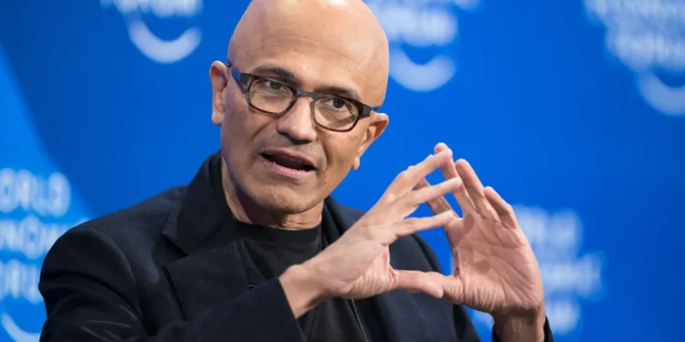 Kawan Jadi Lawan - Microsoft Resmi Saingi OpenAI - Anthropic 1 Microsoft CEO Satya Nadella gestures during a session at the World Economic Forum (WEF) annual meeting in Davos, on January 16, 2024.